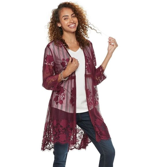 Miss Chievous Floral Lace Crochet Kimono Burgundy Brick Nylon Fall Boho Size M - Picture 1 of 9
